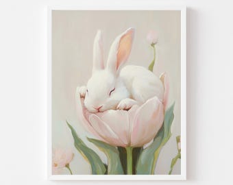 Arte de tulipanes con conejito durmiendo: Decoración de pared neutra de Pascua para habitación infantil (Descarga digital imprimible)