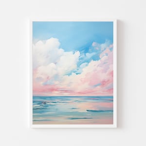 Pode incluir: Uma pintura de uma paisagem marítima com um céu rosa e azul e nuvens brancas. O oceano é azul claro e o horizonte é rosa suave.