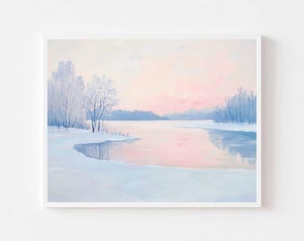 Pink Blue Pastel Winter Forest Print, Snowy Trees Painting