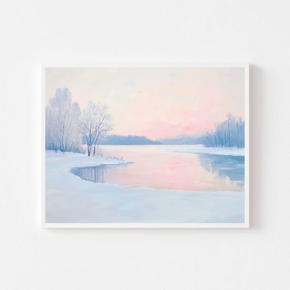 パステル画で描かれた冬の湖：フィンランドの雪景色（デジタル