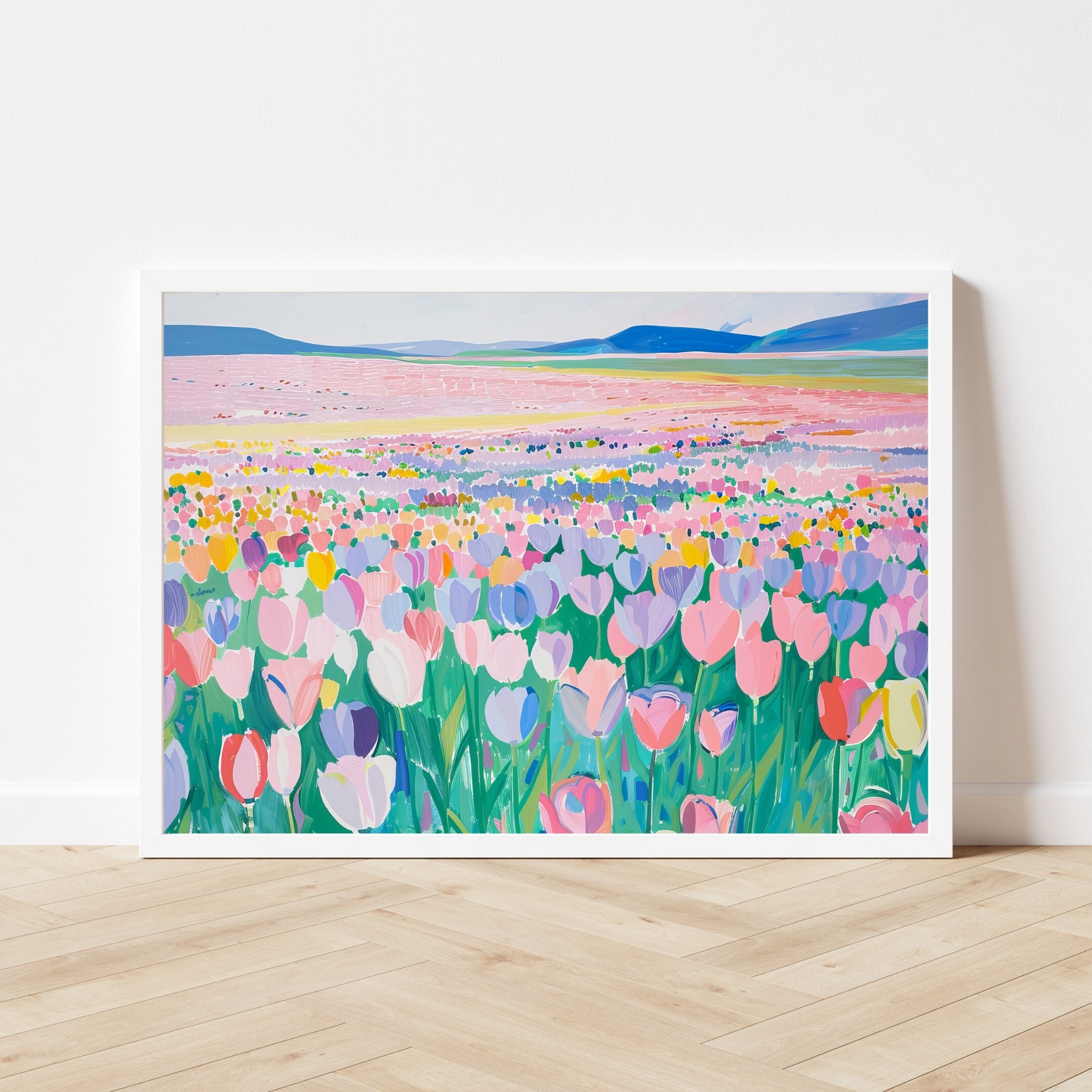パステル画によるチューリップ畑の絵画：春の風景画（デジタル