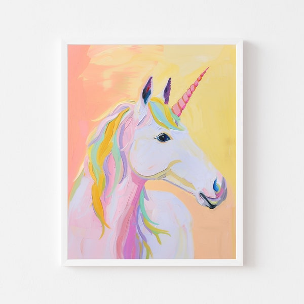 Rainbow Unicorn Painting | Magical Girl's Room Wall Art Print | Pink Whimsical Playroom Digital Download | Pastel Horse Nursery Printable