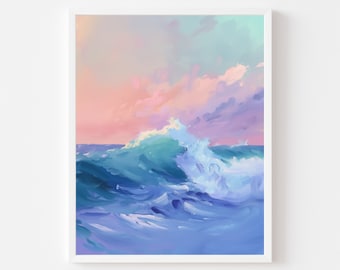 Stormy Ocean Wave Print: Pink Sunset Seascape, Coastal Wall Art (Digital Download)