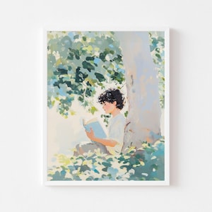 Könnte beinhalten: Ein Gemälde, das eine Person zeigt, die unter einem Baum sitzt und ein Buch liest. Die Person trägt ein weißes Hemd und hat dunkles Haar. Der Baum ist grün und hat einen weißen Stamm. Der Hintergrund ist ein hellblauer Himmel.