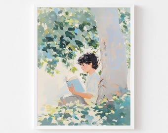 Puede incluir: Una pintura de una persona sentada bajo un árbol y leyendo un libro. La persona lleva una camisa blanca y tiene el pelo oscuro. El árbol es verde y tiene un tronco blanco. El fondo es un cielo azul claro.