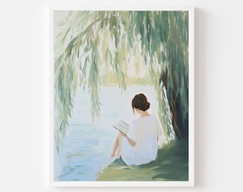 Girl Reading Art Print: Willow Tree Landscape (Digital Download)