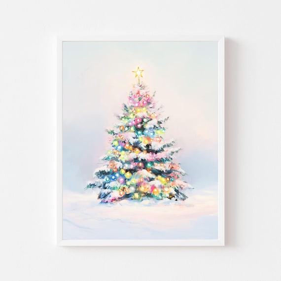 Snowy Rainbow Christmas Tree Art Print: Vintage Holiday Lights Wall Decor (Digital Download)