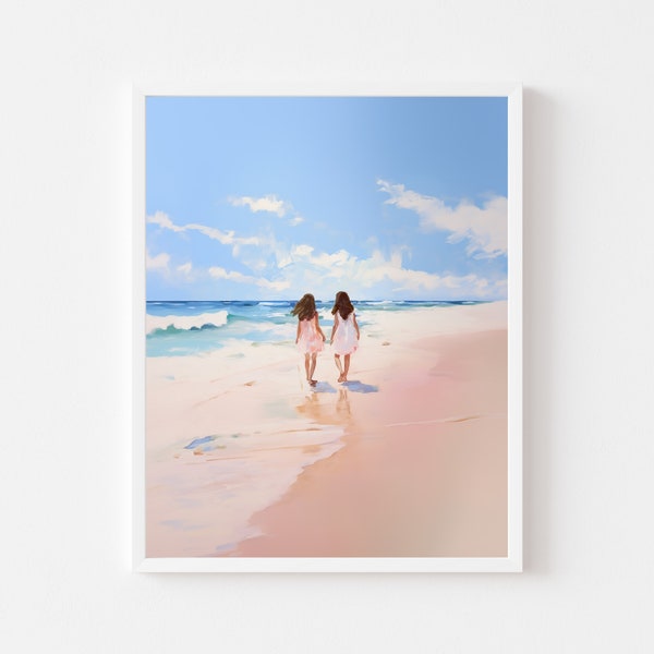 Brunette Sisters Seashore Painting | Coastal Summer Girls Wall Art Print | Pastel Beach House Printable | Colorful Ocean Digital Download