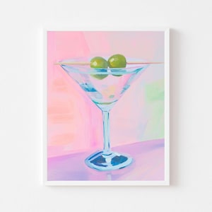 Pastelkleurige martini met olijven | Kleurrijke abstracte cocktail afdrukbare | Vintage barwagen kunst aan de muur | Digitale download eetkamer