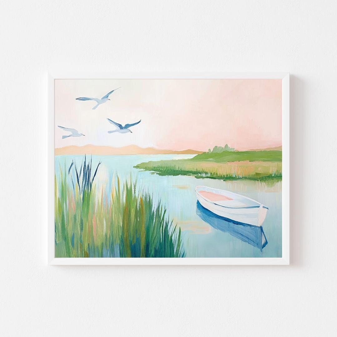 Pink Rowboat Coastal Marsh Rowboat Art Print: Pink Sunset Landscape (digital ...