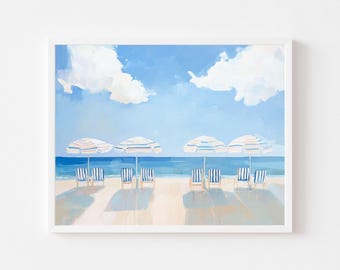 Blue Striped Beach Seascape Art Print: Coastal Umbrellas (Digital Download)