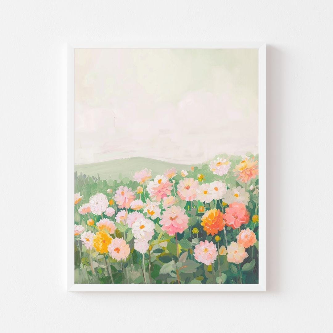 Pastel Dahlia Field Painting | Wildflower Landscape Wall Art Print | Colorful Floral Scenery Digital Download | Flower Meadow Printable