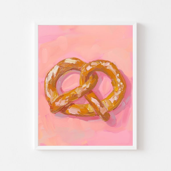 Soft Pretzel Painting | Pastel Pink Food Wall Art Print | Colorful Dining Room Kitchen Digital Download | Trendy Girly Apartment Printable