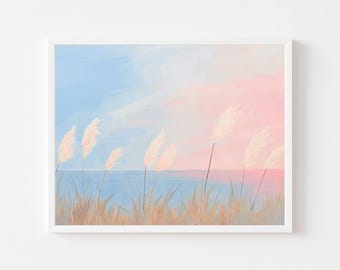 Pastel Sea Oats Sunset Print: Coastal Dune Grass Painting (Digital Download)