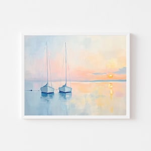 Pastel Sailboat Sunset Painting | Anchored Boat Seascape Wall Art Print | Nautical Beach House Printable | Coastal Summer Digital Download