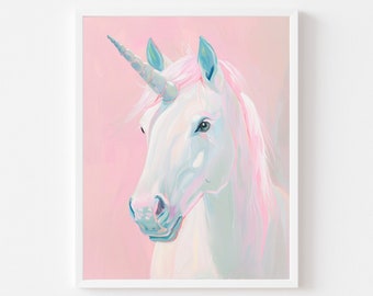 May include: A white unicorn with a light blue horn and pink mane against a pink background.