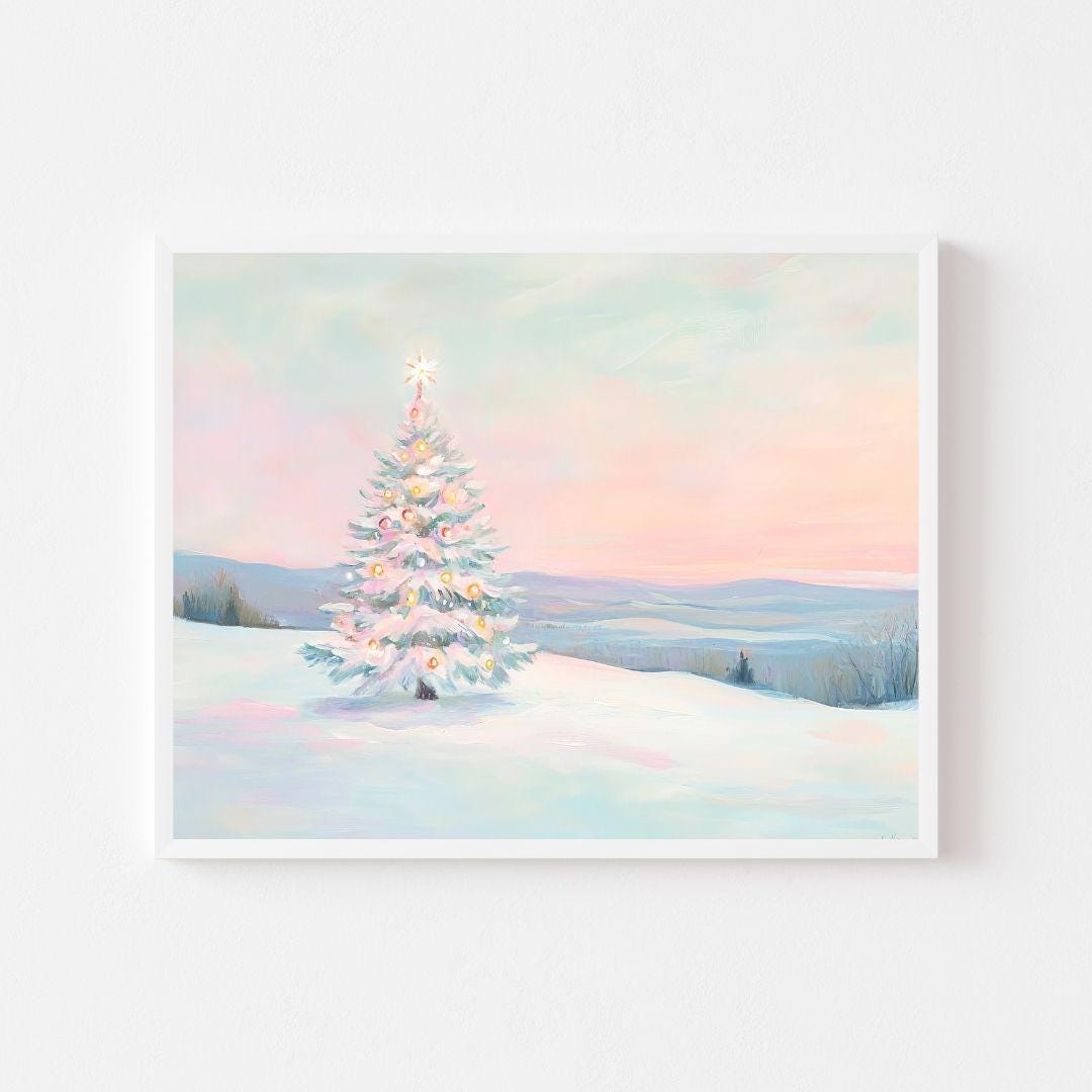 Pastel Christmas Tree Landscape Print: Snowy Winter Scenery