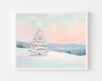 Pastel Christmas Tree Landscape Print: Snowy Winter Scenery (Digital Download)