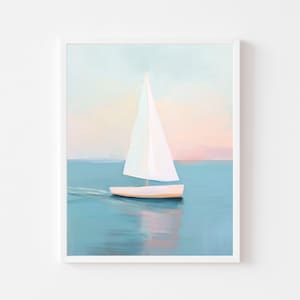 Soft Pastel Sailboat Painting | Pink Coastal Boat Wall Art Print | Nautical Beach House Digital Download | Pink Girl&#39;s Room Summer Printable