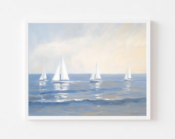 May include: A framed print featuring a seascape with four sailboats on a blue ocean. The sky transitions from light blue to yellow, creating a serene atmosphere. The white sails of the boats contrast with the water.