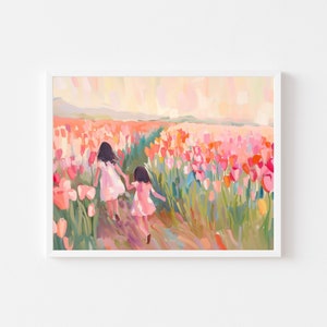 パステル画「羊の牧草地」：春の風景画プリント（デジタルダウンロード