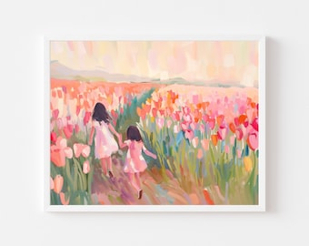 Tulip Field Art Print: Two Sisters, Spring Flowers (Digital Download)