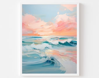 Colorful Abstract Ocean Painting | Pink Coastal Watercolor Art | Pastel Beach House Impressionist Printable | Vibrant Sea Digital Download