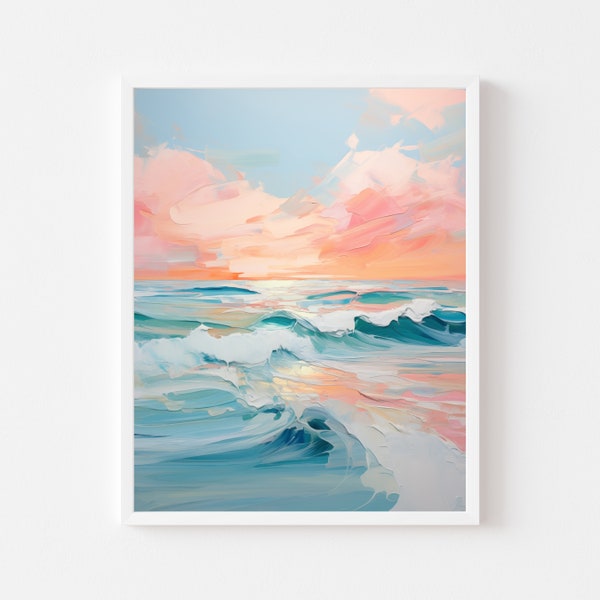 Colorful Abstract Ocean Painting | Pink Coastal Watercolor Art | Pastel Beach House Impressionist Printable | Vibrant Sea Digital Download
