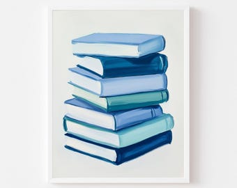 May include: A framed art print featuring a stack of books in varying shades of blue. The books are painted with visible brushstrokes, creating a textured appearance. The artwork is set against a white background.