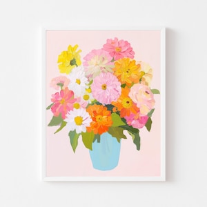 May include: A bouquet of pink, orange, yellow, and white flowers in a light blue vase on a pink background.