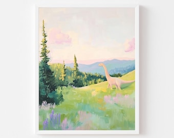 Pink Brontosaurus Print: Pastel Dinosaur Wall Art (Digital Download)