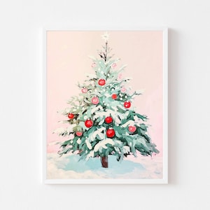 Rosa und Roter Weihnachtsbaum Gemälde | Bunter Feiertags-Dekor-Wand-Kunst-Druck | Vintage Winter Printable | Festlicher Retro digitaler Download
