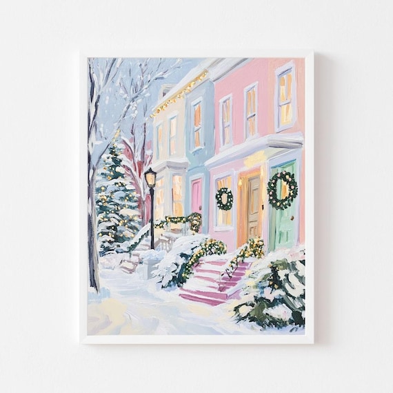 Pastel Christmas Townhouse Art Print: Snowy Winter City (digital