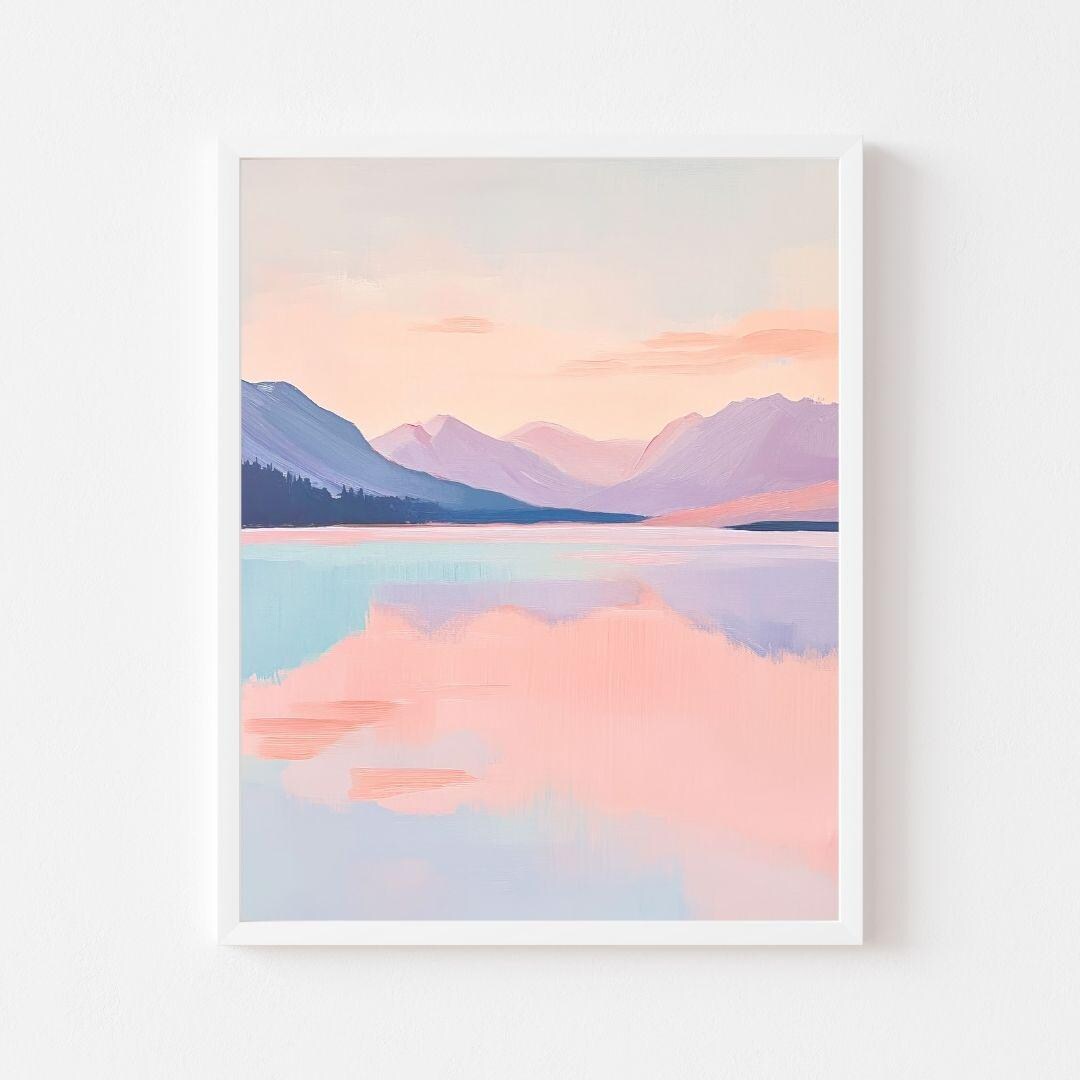 Pastel Mountain Lake Sunset Art Print: Pink Landscape (digital Download ...