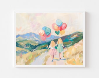 Two Girls with Balloons Art Print: Whimsical Landscape (Digital Download)