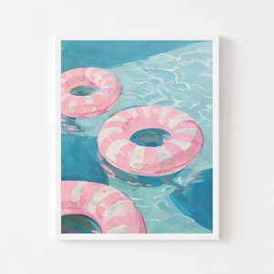 Pink and White Striped Inner Tube Painting | Summer Pool Float Wall Art Print | Beach House Digital Download | Pastel Coastal Printable