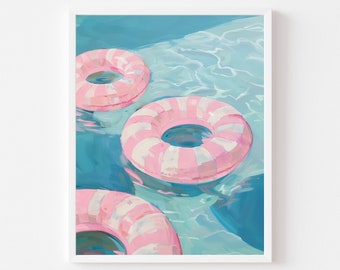 Pink Striped Inner Tube Painting: Summer Pool Art Print (Digital Download)