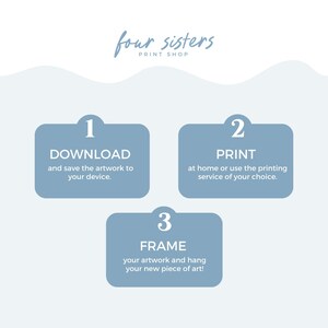 May include: A three-step guide for downloading, printing, and framing artwork. The steps are numbered 1, 2, and 3, with each step outlined in a blue box. The text in the boxes reads: 1. Download and save the artwork to your device. 2. Print at home or use the printing service of your choice. 3. Frame your artwork and hang your new piece of art!