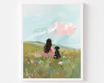 May include: A painting of a girl and her dog sitting in a field of wildflowers. The girl is wearing a pink dress and has long brown hair. The dog is black and is sitting next to her. The background is a blue sky with white clouds.