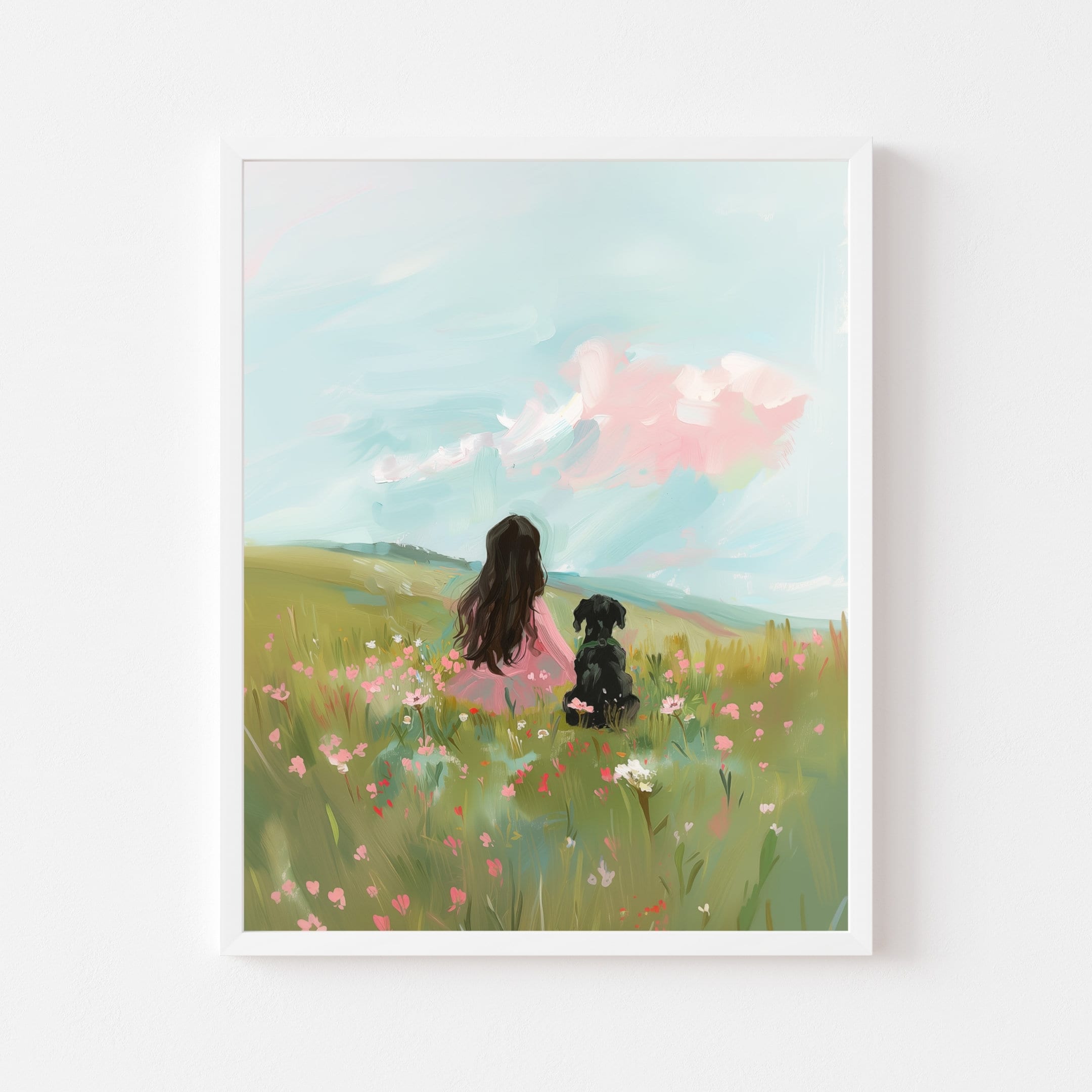 Girl and Black Dog Art Print: Wildflower Meadow, Pastel Heaven