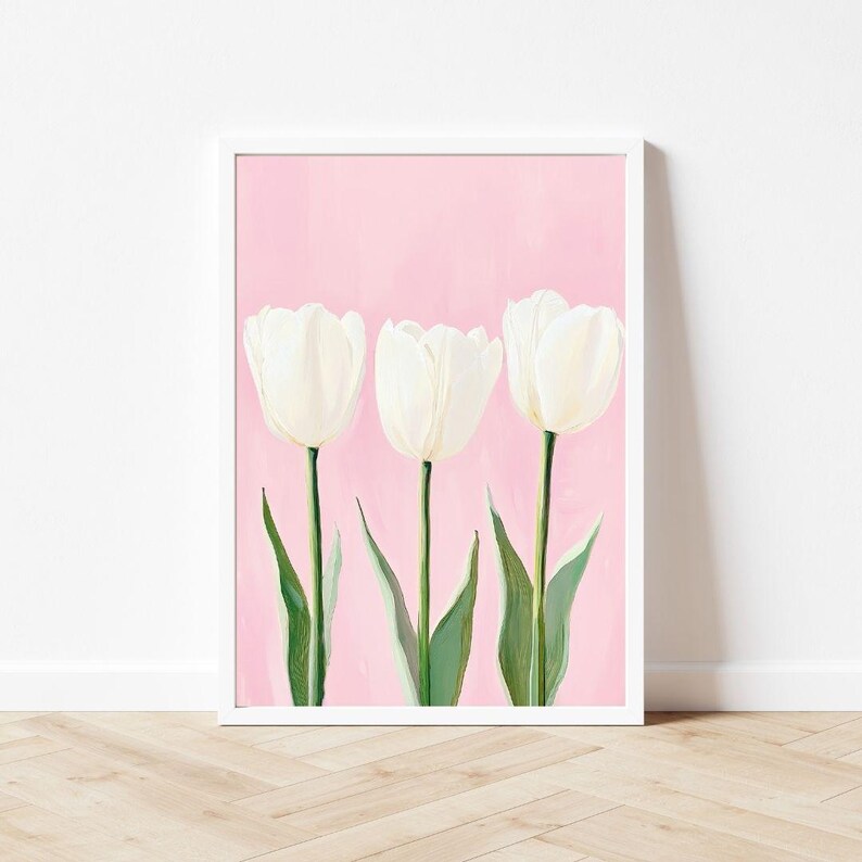 May include: Three white tulips with green stems on a pink background. The tulips are arranged in a row, with the stems pointing upwards.