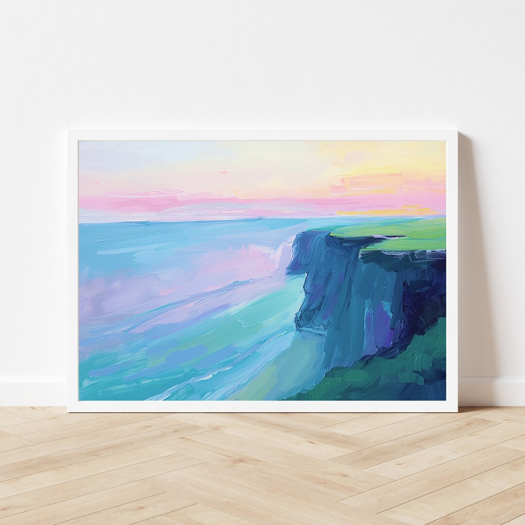 Colorful Coastal Cliff Sunset Painting | Ireland Seascape Art Print ...