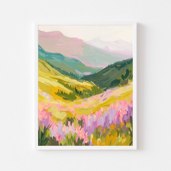 夏の草原の絵画：パステル画の山の風景画（デジタルダウンロード