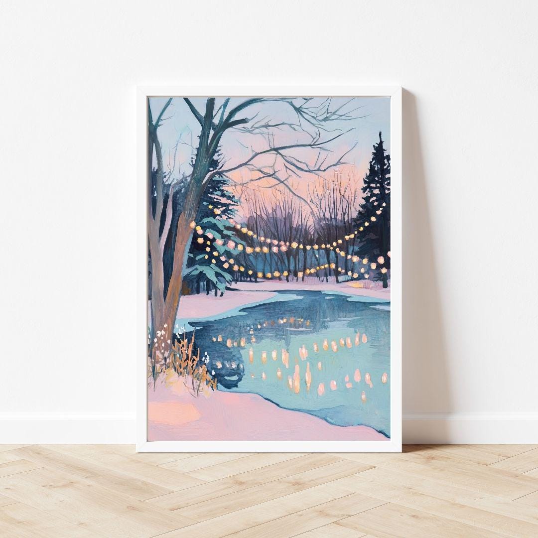 Pastel Winter Pond Art Print: Snowy Landscape With Holiday Lights