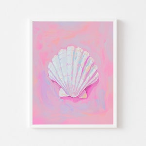 Pittura di conchiglie rosa neon, stampa artistica da parete per casa sulla spiaggia per ragazze, smerlo stampabile in camera per ragazze costiere, download digitale estate trendy rosa