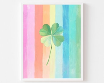May include: A four-leaf clover in green with a stem is centered on a rainbow background of pink, orange, yellow, green, blue, and purple stripes.