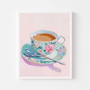 Acuarela floral en taza de té: Impresión artística de cafetería femenina (descarga digital)