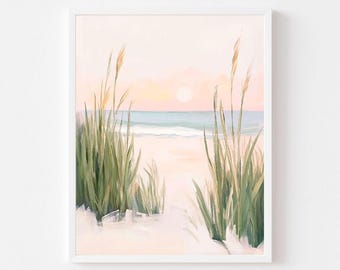 Pastel Beach Sunset Print: Dune Grass Coastal Art (Digital Download)