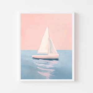 Pink and Blue Sailboat Painting | Coastal Summer Boat Wall Art Print | Nautical Beach House Digital Download | Girly Pastel Lake Printable