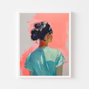 Dark Haired Woman Painting | Back of Head Art Print | Brunette Girl Portrait | Colorful Vintage Printable Decor | Modern Lady Watercolor
